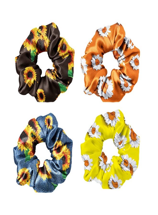 WIRESTER 4 Pcs Satin Hair Scrunchies, Silk Hair Ties, Soft Elastic Hair Bands Ponytail Holder, Silky Curly Hair Accessories for Women Girls - Sunflowers Daises Pattern - Image 2